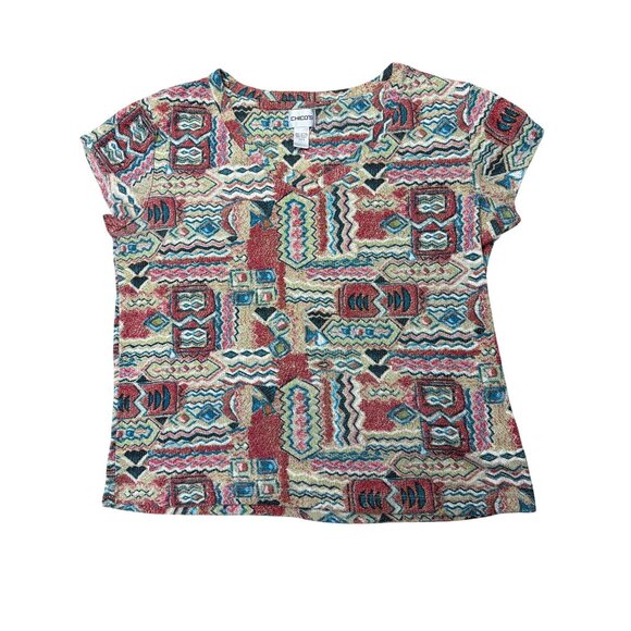 Chicos Multicolor Geometric Print Cotton Top Size XL Short Sleeve Crew Neck - Picture 3 of 6